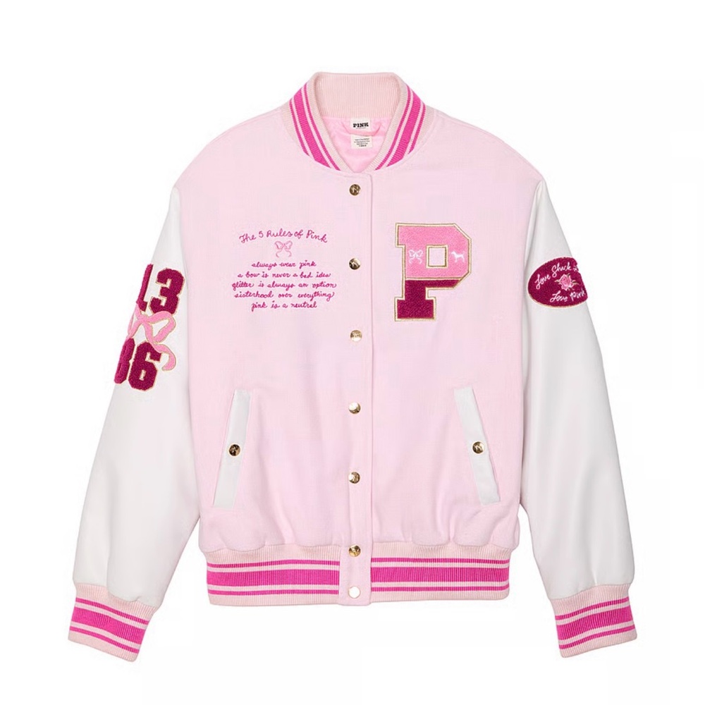 PINK X LOVESHACKFANCY REISSUED BOYFRIEND VARSITY JACKET NEW